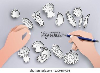 Paper cut and freehand drawing vegetables.