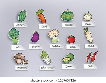 Paper Cut And Freehand Drawing Vegetables Set.