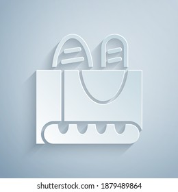 Paper cut French baguette bread icon isolated on grey background. Paper art style. Vector.