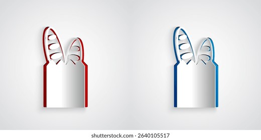 Paper cut French baguette bread icon isolated on grey background. Paper art style. Vector