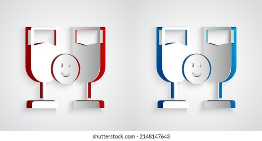 Paper cut Friends drinking alcohol icon isolated on grey background. Paper art style. Vector