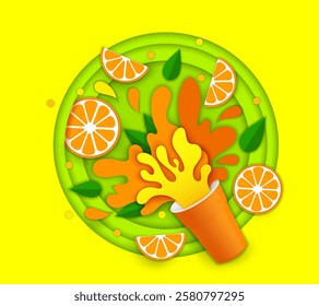 Paper cut fruit juice. 3d vector vibrant orange or lemon papercut dynamic splash with sliced citrus rings and leaves on a green yellow round layered frame, exudes freshness, health, and summer vibes