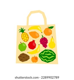 Paper cut fruits in grocery bag isolated on white background. Delivery of organic products. Eco friendly shopping. Healthy food concept.