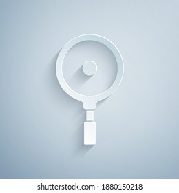 Paper cut Frying pan icon isolated on grey background. Fry or roast food symbol. Paper art style. Vector.