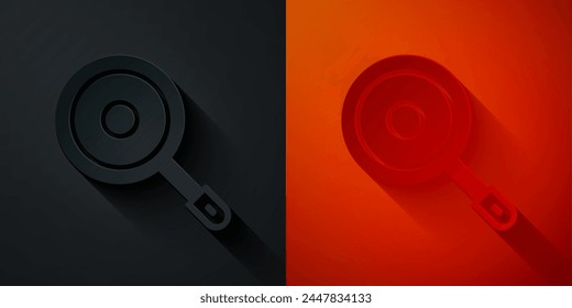 Paper cut Frying pan icon isolated on black and red background. Fry or roast food symbol. Paper art style. Vector