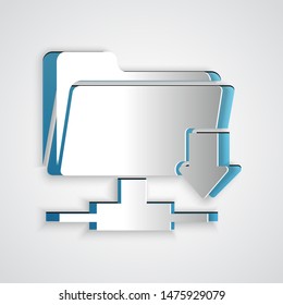 Paper cut FTP folder download icon isolated on grey background. Software update, transfer protocol, router, teamwork tool management, copy process. Paper art style. Vector Illustration