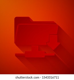 Paper cut FTP folder download icon isolated on red background. Software update, transfer protocol, router, teamwork tool management, copy process. Paper art style. Vector Illustration
