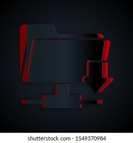 Paper cut FTP folder download icon isolated on black background. Software update, transfer protocol, router, teamwork tool management, copy process. Paper art style. Vector Illustration