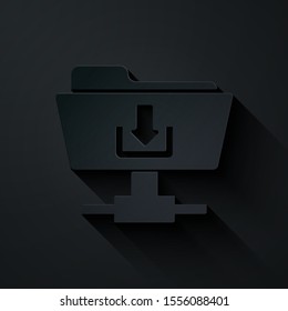 Paper cut FTP folder download icon isolated on black background. Software update, transfer protocol, router, teamwork tool management, copy process. Paper art style. Vector Illustration