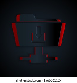 Paper cut FTP folder download icon isolated on black background. Software update, transfer protocol, router, teamwork tool management, copy process. Paper art style. Vector Illustration