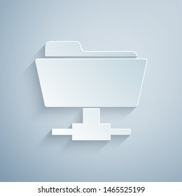 Paper cut FTP folder icon isolated on grey background. Software update, transfer protocol, router, teamwork tool management, copy process, info. Paper art style. Vector Illustration