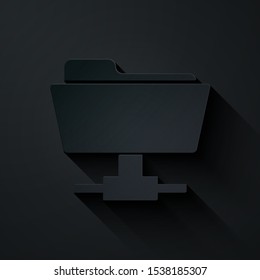 Paper cut FTP folder icon isolated on black background. Software update, transfer protocol, router, teamwork tool management, copy process, info. Paper art style. Vector Illustration