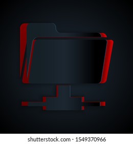 Paper cut FTP folder icon isolated on black background. Software update, transfer protocol, router, teamwork tool management, copy process, info. Paper art style. Vector Illustration