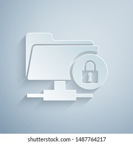 Paper cut FTP folder and lock icon isolated on grey background. Concept of software update, ftp transfer protocol. Security, safety, protection concept. Paper art style. Vector Illustration