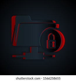 Paper cut FTP folder and lock icon isolated on black background. Concept of software update, ftp transfer protocol. Security, safety, protection concept. Paper art style. Vector Illustration