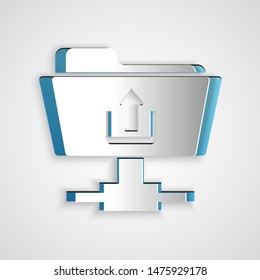 Paper cut FTP folder upload icon isolated on grey background. Software update, transfer protocol, router, teamwork tool management, copy process. Paper art style. Vector Illustration