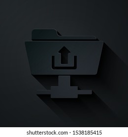 Paper cut FTP folder upload icon isolated on black background. Software update, transfer protocol, router, teamwork tool management, copy process. Paper art style. Vector Illustration