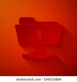 Paper cut FTP folder upload icon isolated on red background. Software update, transfer protocol, router, teamwork tool management, copy process. Paper art style. Vector Illustration