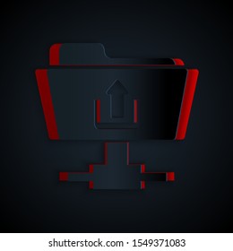 Paper cut FTP folder upload icon isolated on black background. Software update, transfer protocol, router, teamwork tool management, copy process. Paper art style. Vector Illustration