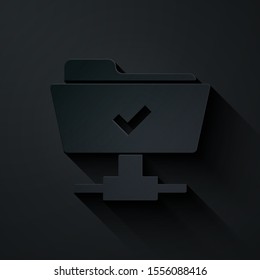 Paper cut FTP operation successful icon isolated on black background. Software update, transfer protocol, teamwork tool management, copy process. Paper art style. Vector Illustration