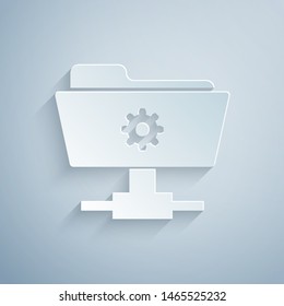 Paper cut FTP settings folder icon isolated on grey background. Software update, transfer protocol, router, teamwork tool management, copy process. Paper art style. Vector Illustration