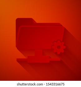 Paper cut FTP settings folder icon isolated on red background. Software update, transfer protocol, router, teamwork tool management, copy process. Paper art style. Vector Illustration