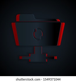 Paper cut FTP sync refresh icon isolated on black background. Software update, transfer protocol, router, teamwork tool management, copy process. Paper art style. Vector Illustration