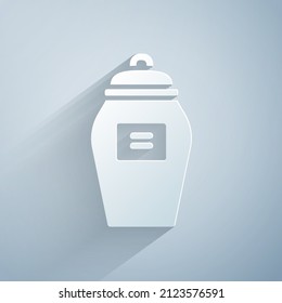 Paper cut Funeral urn icon isolated on grey background. Cremation and burial containers, columbarium vases, jars and pots with ashes. Paper art style. Vector