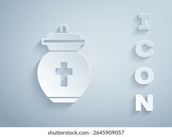 Paper cut Funeral urn icon isolated on grey background. Cremation and burial containers, columbarium vases, jars and pots with ashes. Paper art style. Vector