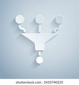 Paper cut Funnel or filter icon isolated on grey background. Paper art style. Vector