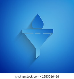 Paper cut Funnel or filter and motor oil drop icon isolated on blue background. Paper art style. Vector Illustration