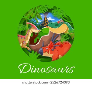 Paper cut funny cartoon dinosaurs banner with prehistoric lizards in Jurassic era forest, vector background. Prehistoric dinosaur lizards for kids dino world atlas book or paleontology encyclopedia