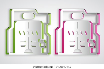 Paper cut Futuristic sliding doors icon isolated on grey background. Paper art style. Vector