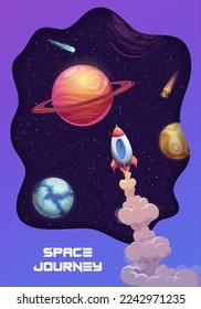 Paper cut galaxy landscape and space rocket launch. Solar system exploration, galaxy travel vector background, startup paper cut banner with cartoon starship, fantasy planets and comets in outerspace