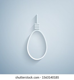 Paper cut Gallows rope loop hanging icon isolated on grey background. Rope tied into noose. Suicide, hanging or lynching. Paper art style. Vector Illustration
