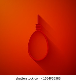 Paper cut Gallows rope loop hanging icon isolated on red background. Rope tied into noose. Suicide, hanging or lynching. Paper art style. Vector Illustration