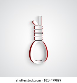 Paper cut Gallows rope loop hanging icon isolated on grey background. Rope tied into noose. Suicide, hanging or lynching. Paper art style. Vector