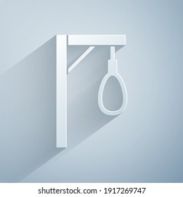 Paper cut Gallows rope loop hanging icon isolated on grey background. Rope tied into noose. Suicide, hanging or lynching. Paper art style. Vector