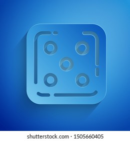 Paper cut Game dice icon isolated on blue background. Casino gambling. Paper art style. Vector Illustration