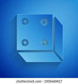 Paper cut Game dice icon isolated on blue background. Casino gambling. Paper art style. Vector Illustration