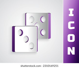 Paper cut Game dice icon isolated on grey background. Casino gambling. Paper art style. Vector