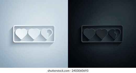 Paper cut Game life bar icon isolated on grey and black background. Health heart bar. Paper art style. Vector