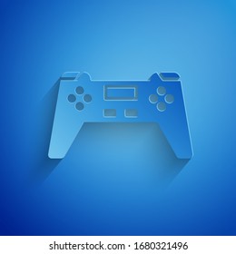 Paper cut Gamepad icon isolated on blue background. Game controller. Paper art style. Vector Illustration