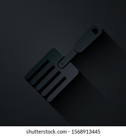 Paper cut Garden fork icon isolated on black background. Pitchfork icon. Tool for horticulture, agriculture, farming. Paper art style. Vector Illustration