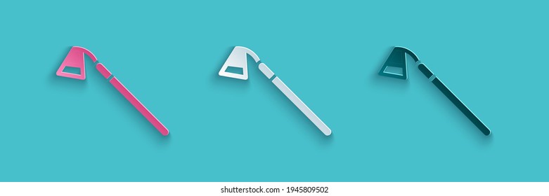 Paper cut Garden hoe icon isolated on blue background. Tool for horticulture, agriculture, farming. Paper art style. Vector
