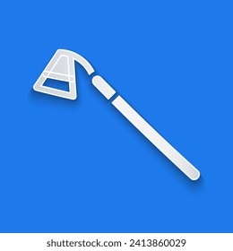Paper cut Garden hoe icon isolated on blue background. Tool for horticulture, agriculture, farming. Paper art style. Vector