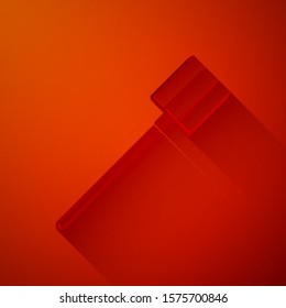 Paper cut Garden pitchfork icon isolated on red background. Garden fork sign. Tool for horticulture, agriculture, farming. Paper art style. Vector Illustration