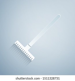 Paper cut Garden rake icon isolated on grey background. Tool for horticulture, agriculture, farming. Ground cultivator. Housekeeping equipment. Paper art style. Vector Illustration
