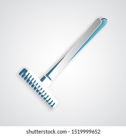 Paper cut Garden rake icon isolated on grey background. Tool for horticulture, agriculture, farming. Ground cultivator. Housekeeping equipment. Paper art style. Vector Illustration