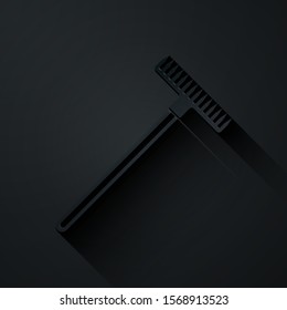 Paper cut Garden rake icon isolated on black background. Tool for horticulture, agriculture, farming. Ground cultivator. Housekeeping equipment. Paper art style. Vector Illustration